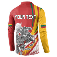 Back of red button-up sweatshirt with “YOUR TEXT” and knight eagle graphic