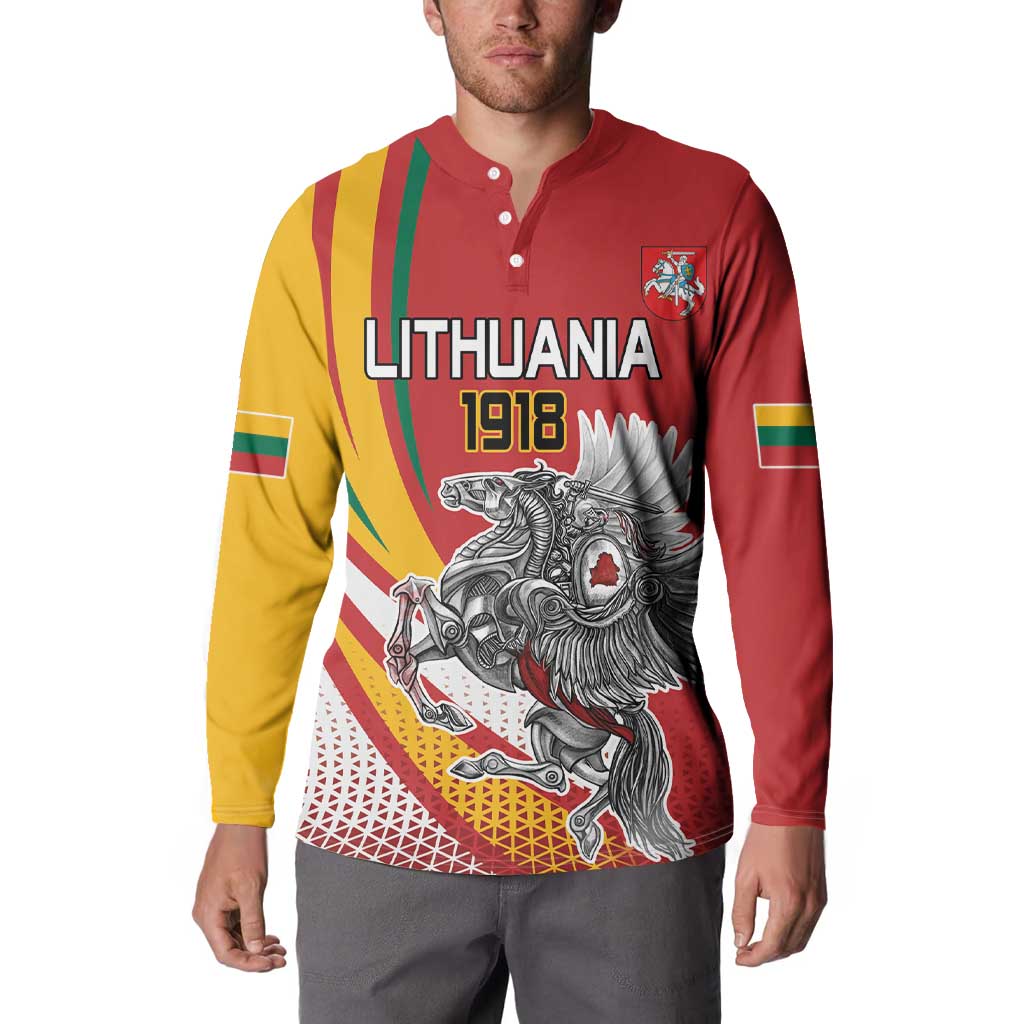 Red button-up sweatshirt on model with Lithuania 1918 print and knight eagle graphic
