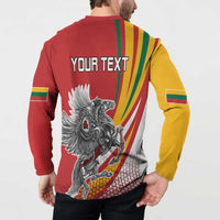 Back of red button-up sweatshirt on model with “YOUR TEXT” and knight eagle graphic