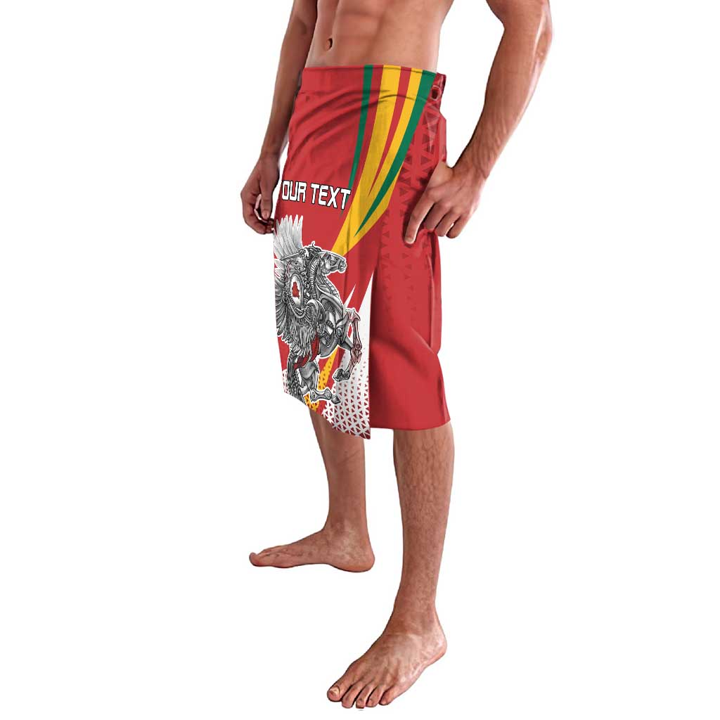 Red lavalava with diagonal Lithuania stripes and Vytis graphic panel on front