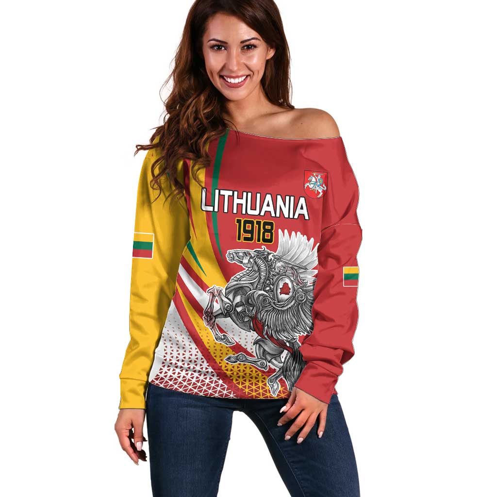 Personalized Lithuania Independence Day Off Shoulder Sweater Lithuanian Vytis Swoosh