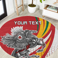 Round red personalized carpet with custom text and Lithuanian Vytis eagle graphic