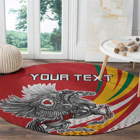 Red round personalized carpet with custom text, Vytis eagle, and Lithuanian tricolor swoosh