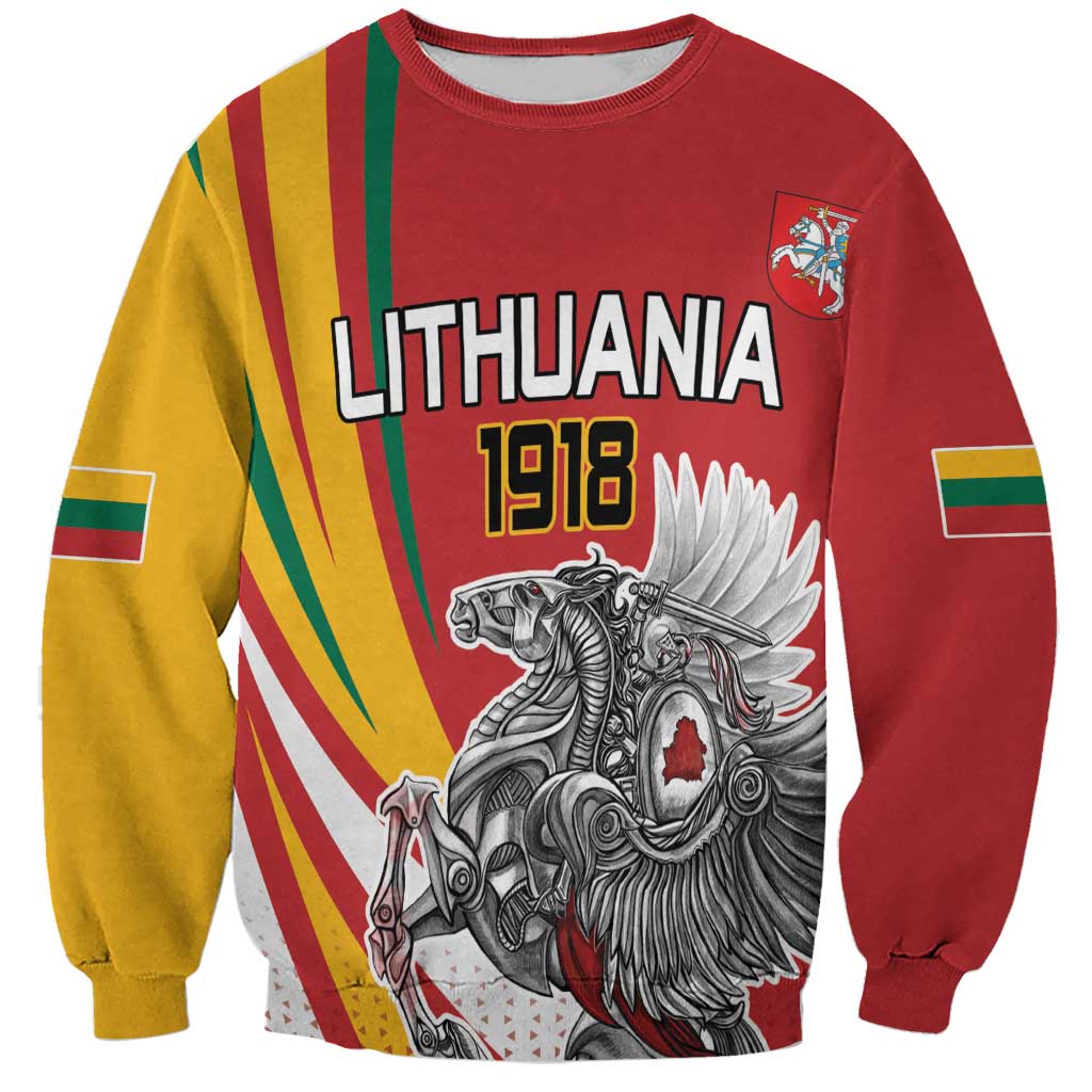 Red unisex sweatshirt with Lithuania 1918 graphic, green/yellow striped sleeves