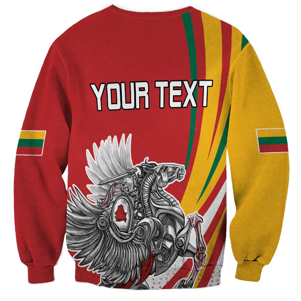 Red unisex sweatshirt with white Vytis-style eagle and YOUR TEXT, striped sleeves