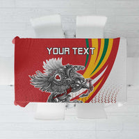 Red personalized tablecloth with Vytis emblem, rainbow swoosh, and “YOUR TEXT” area.