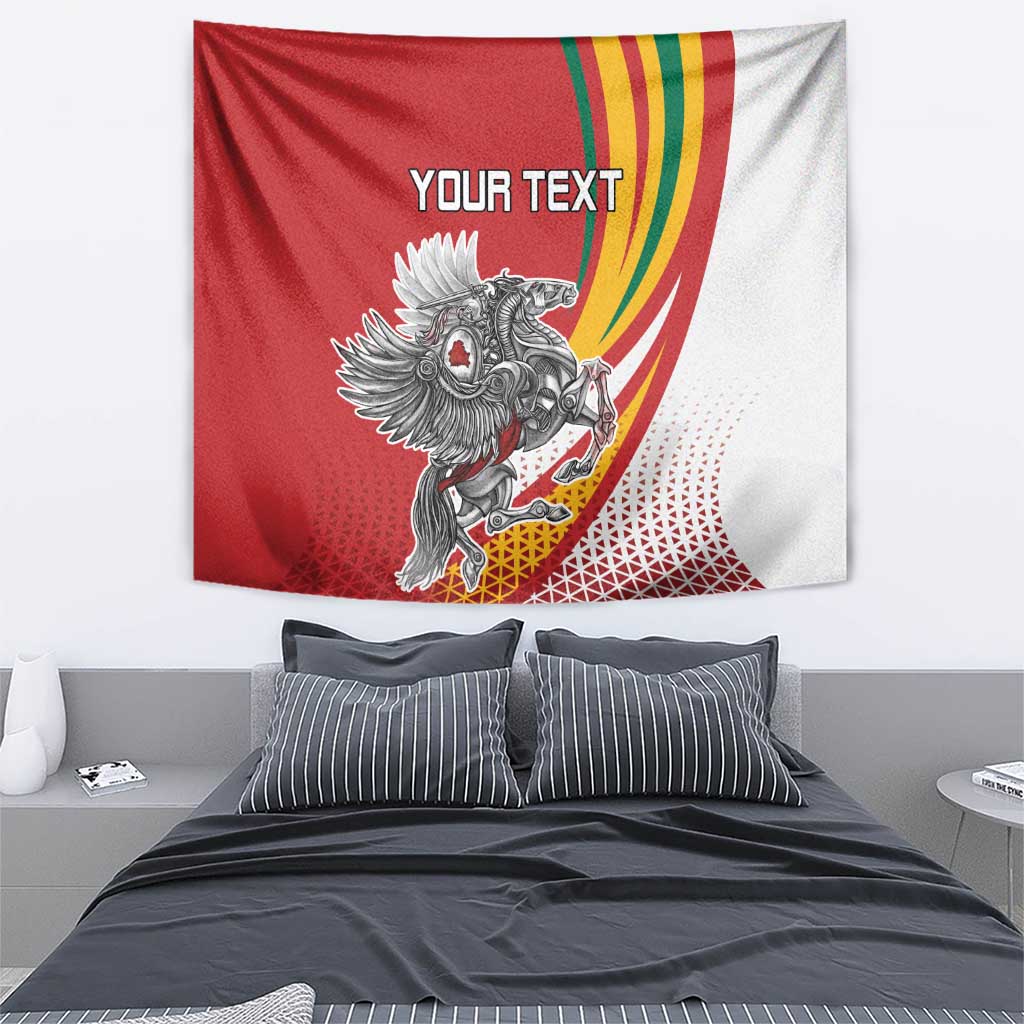 Lithuania Independence Day tapestry, red and white with silver knight crest and "YOUR TEXT".