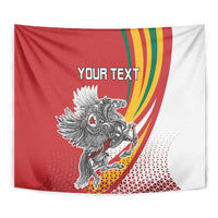 Lithuania Independence Day tapestry close-up, red/white with silver knight crest and "YOUR TEXT".