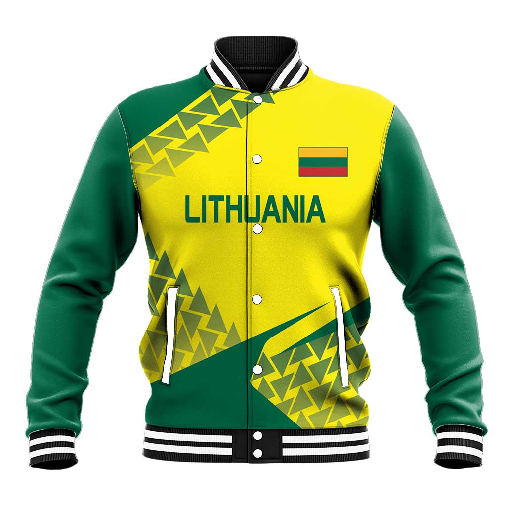 Unisex yellow-green varsity baseball jacket with Lithuania front print and striped rib trim