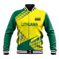 Unisex yellow-green varsity baseball jacket with Lithuania front print and striped rib trim