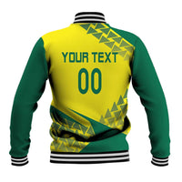 Unisex yellow-green varsity baseball jacket with back graphic, YOUR TEXT 00, striped rib trim