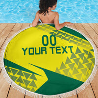 Round yellow and green beach blanket with fringe edge, geometric pattern and “YOUR TEXT”