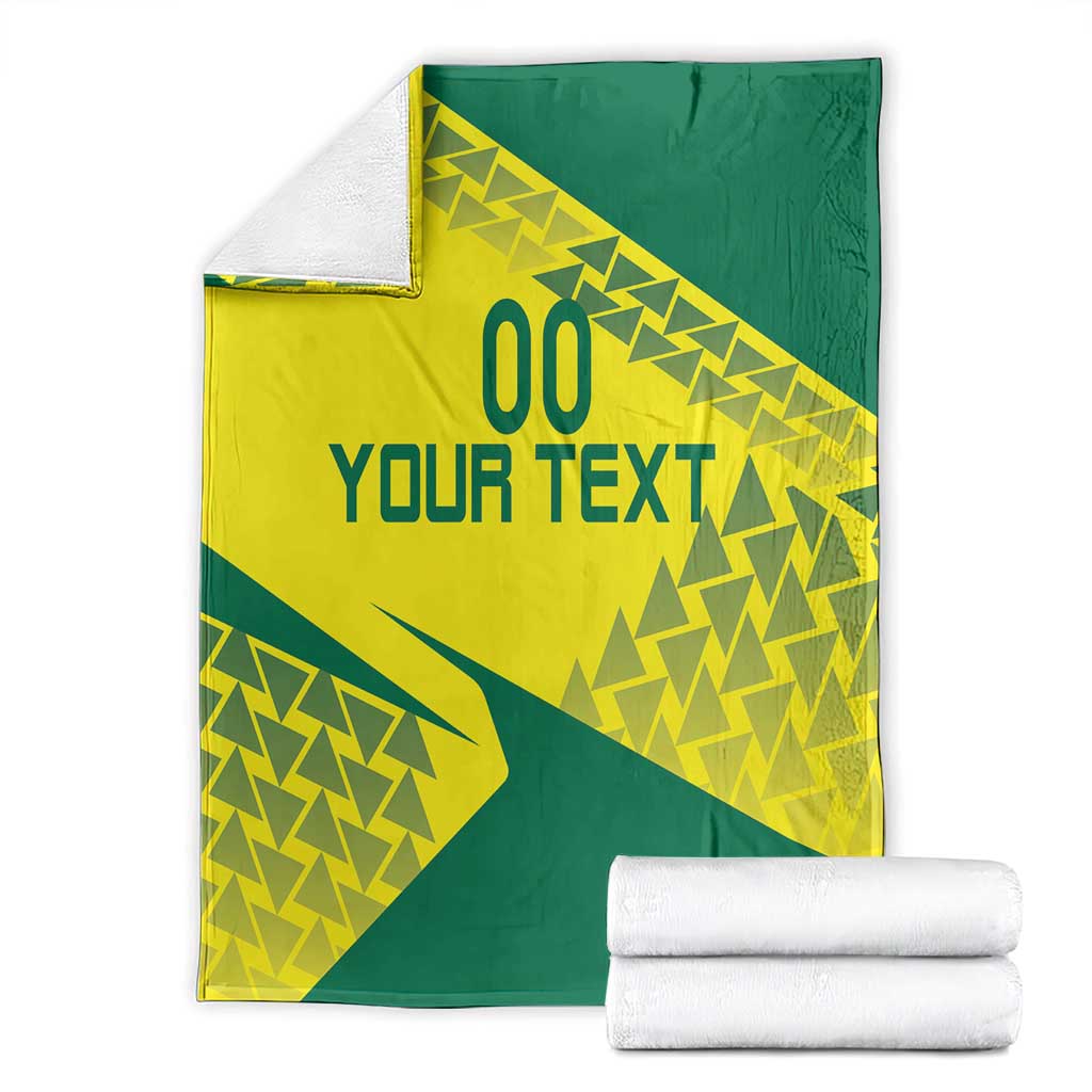Volleyball blanket in yellow and green geometric print with 'YOUR TEXT', packaged with white rolls