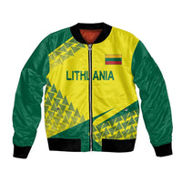 Yellow and green bomber jacket with front zipper and Lithuania graphic, ribbed trim