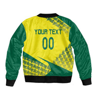 Green and yellow bomber jacket, back shows YOUR TEXT 00, ribbed cuffs and hem