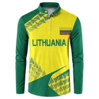 Yellow and green Lithuania long-sleeve button polo shirt with geometric graphic and flag