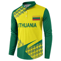 Yellow and green Lithuania long-sleeve button polo shirt with chest logo and graphic