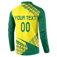 Yellow and green long-sleeve button polo back with 'YOUR TEXT' and number 00