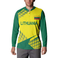 Yellow and green long-sleeve button polo with Lithuania text and flag patch on chest