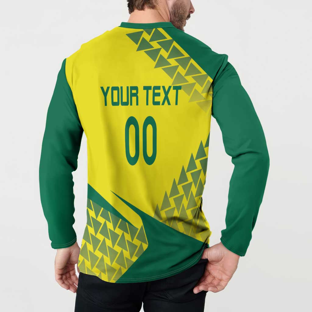 Yellow and green long-sleeve button polo back with 'YOUR TEXT' and geometric pattern