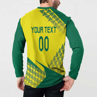 Yellow and green long-sleeve button polo back with 'YOUR TEXT' and geometric pattern