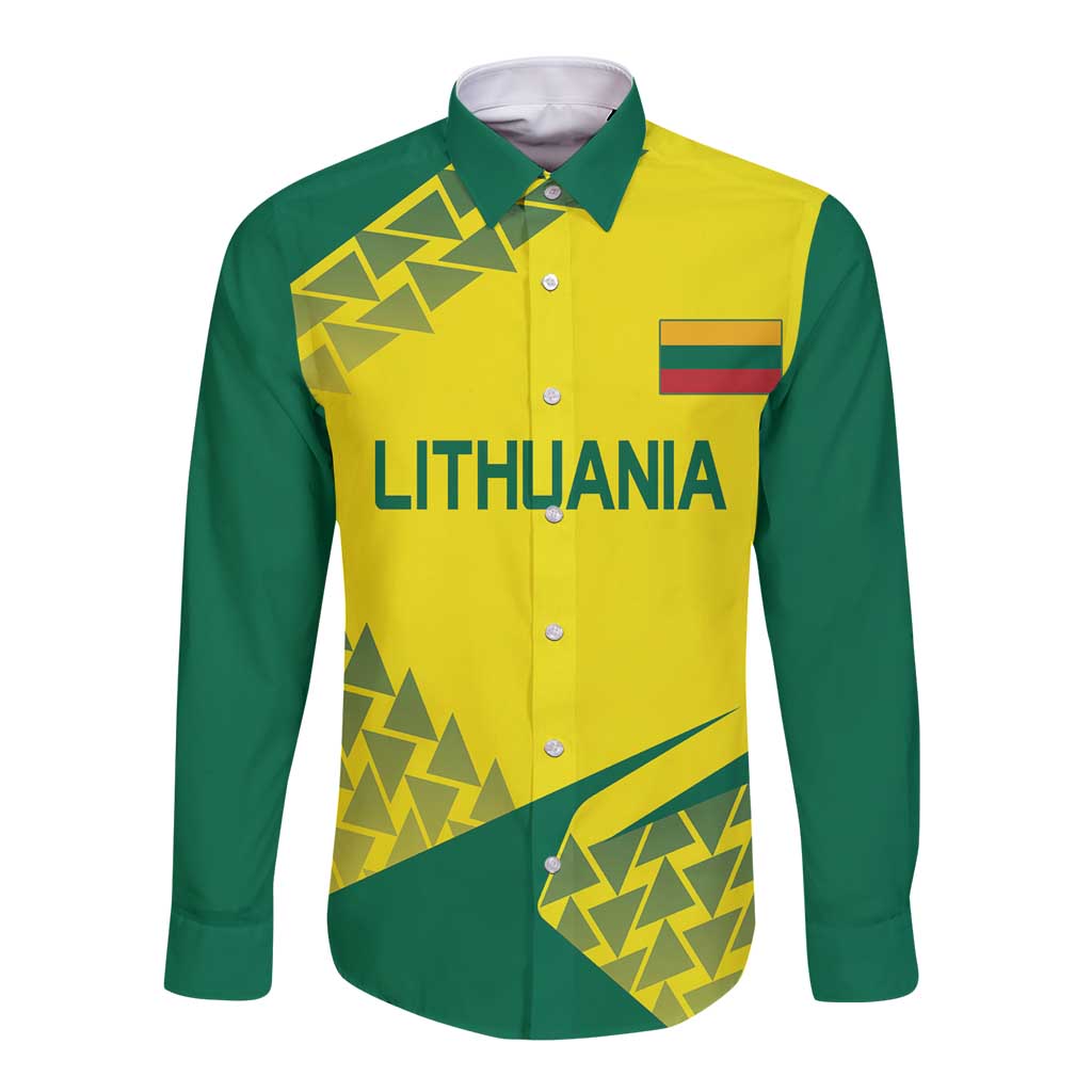 Yellow and green long-sleeve button shirt with Lithuania text and flag graphic