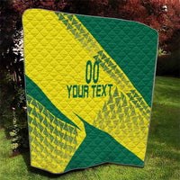 Green and yellow custom Lithuania quilt with diagonal band, quilted pattern, “YOUR TEXT” center