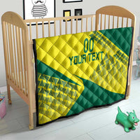 Yellow and green Lithuania-themed quilt on a baby bed, quilted weave with “YOUR TEXT” print
