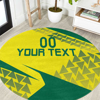 Custom round carpet rug: yellow with green border, geometric sports graphic, YOUR TEXT