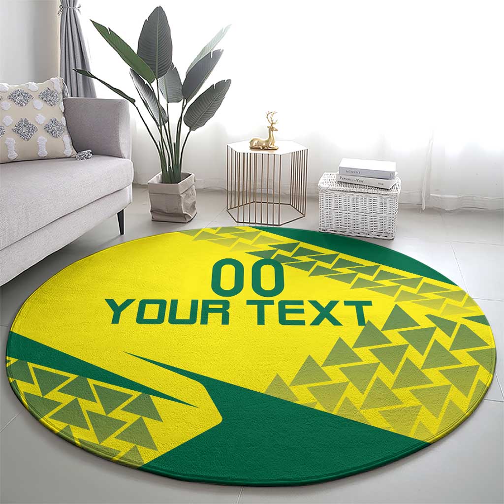 Custom round carpet rug, yellow and green with “YOUR TEXT” and geometric shapes