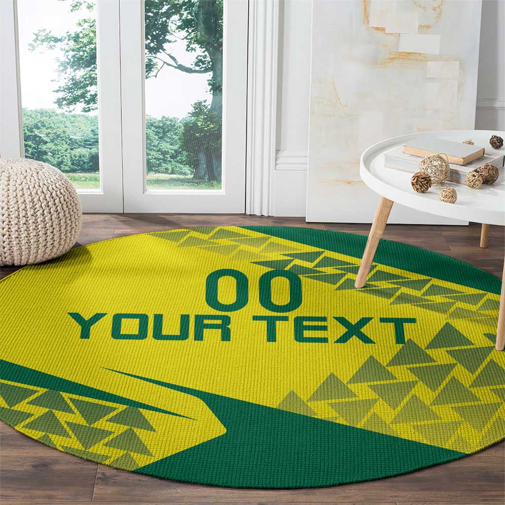 Custom round carpet rug, yellow/green with “YOUR TEXT” and triangle geometric graphic