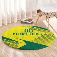 Custom round carpet rug with yellow center, green border, and “YOUR TEXT” lettering
