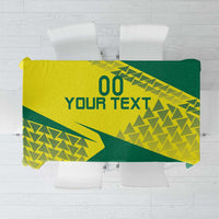 Green and yellow custom volleyball tablecloth with geometric pattern and corner stripe