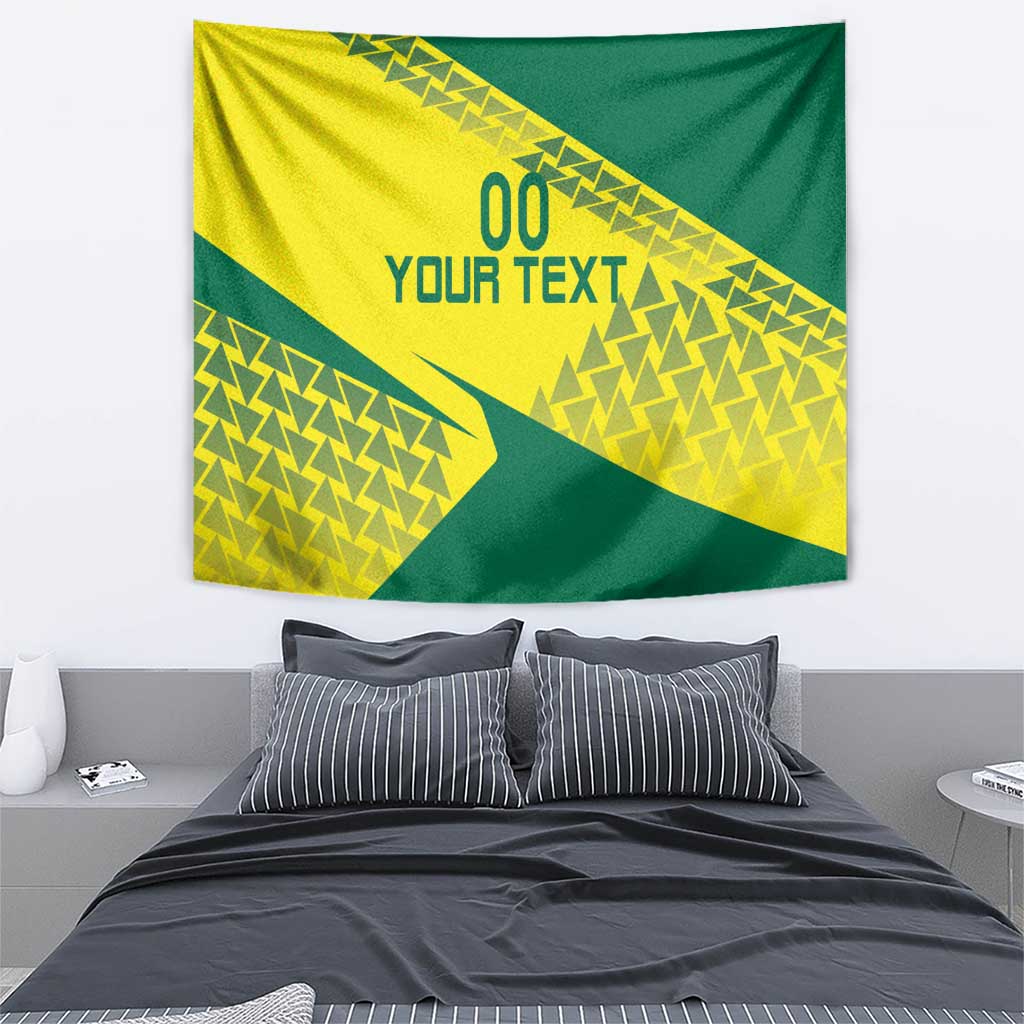 Yellow and green custom volleyball tapestry with geometric pattern and '00 YOUR TEXT'.