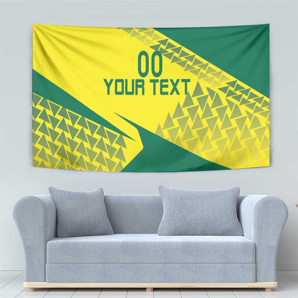 Yellow and green volleyball tapestry with geometric pattern and centered 'YOUR TEXT'.