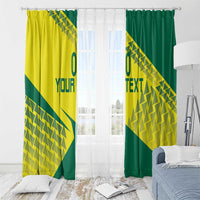 Window curtain pair with yellow-and-green geometric design and custom text panel
