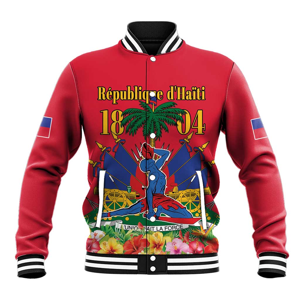 Red unisex baseball jacket with striped collar, snap buttons, and large front graphic print