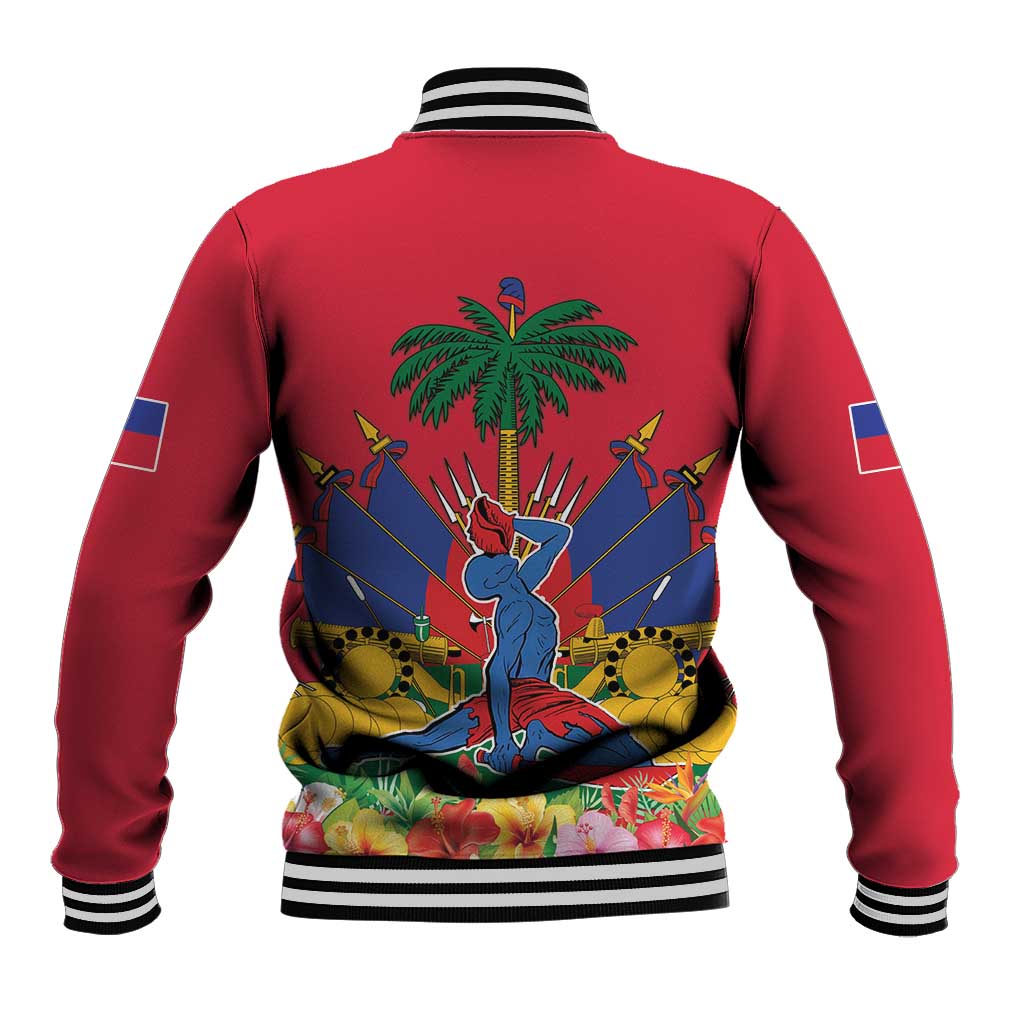 Red unisex baseball jacket with striped ribbed hem and back graphic featuring palm trees