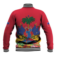 Red unisex baseball jacket with striped ribbed hem and back graphic featuring palm trees