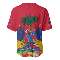 Red baseball jersey back with palm tree and Haiti emblem graphic, short sleeves