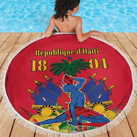 Round red beach blanket with Haiti Independence Day graphic and fringe trim