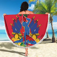 Red round Haiti beach blanket with fringed edge, flag and palm illustration, '18 04' text