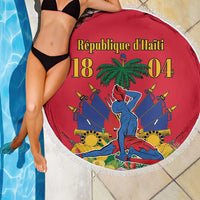Round red beach blanket with Haiti Independence Day graphic and fringe