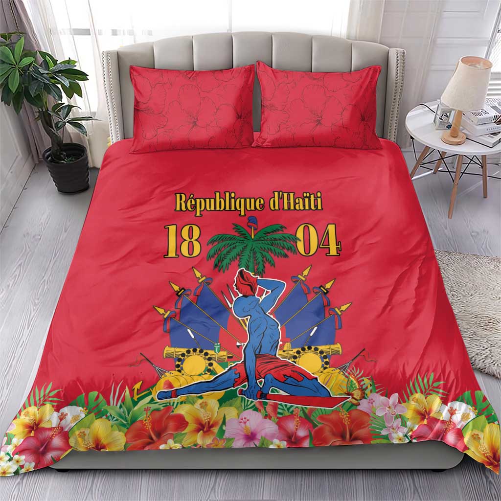 Red duvet cover with Haiti Independence graphic and two matching red pillow shams