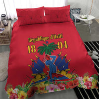Red bedding set with Haiti Independence design, two red pillow shams, floral hem