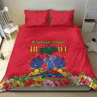 Red duvet cover featuring Haiti Independence graphic, with two red printed pillow shams