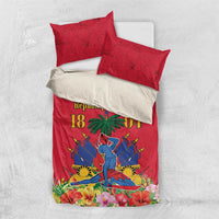 Red bedding set with two red pillow shams and Haiti Independence printed duvet