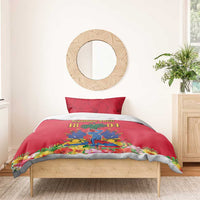 Red duvet cover with Haiti Independence graphic and two matching red pillow shams
