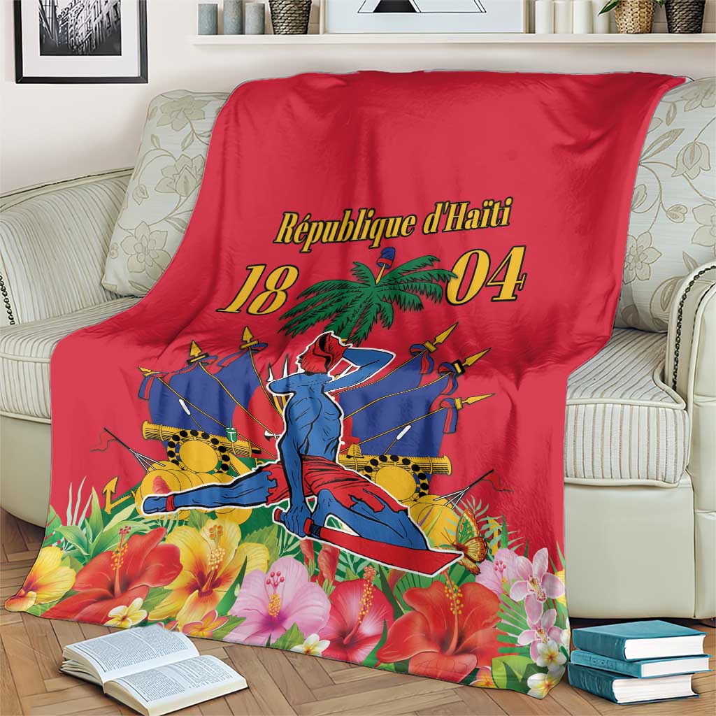 Red Haiti independence blanket on sofa with palm tree and large floral bottom