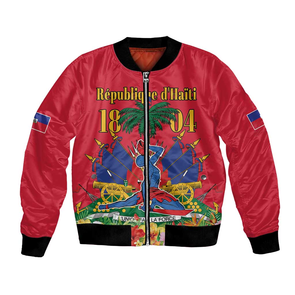 Red bomber jacket with black ribbed collar, full-zip front, Haiti graphic panel.